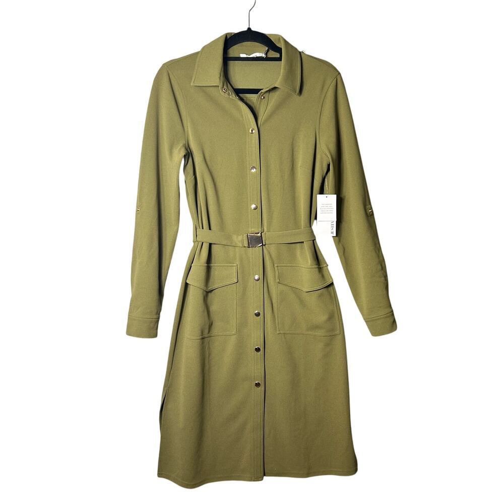 Justfab Dress Womens S Green Collared‎ Long Sleeve Belted Dress Career NEW